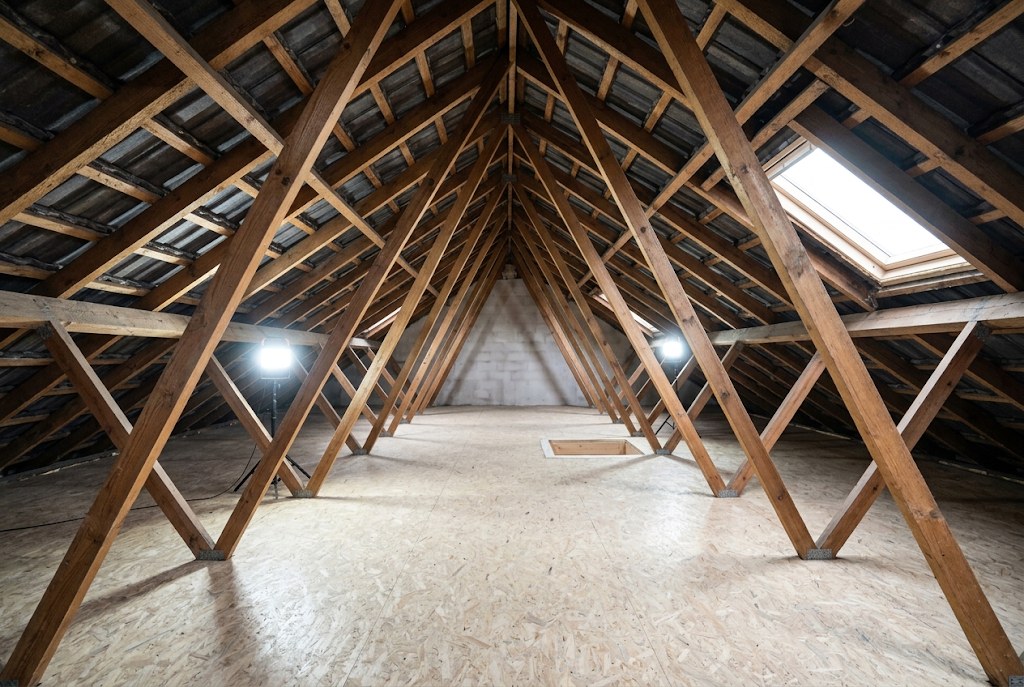 A clear roof space after removal, with the timbers exposed.